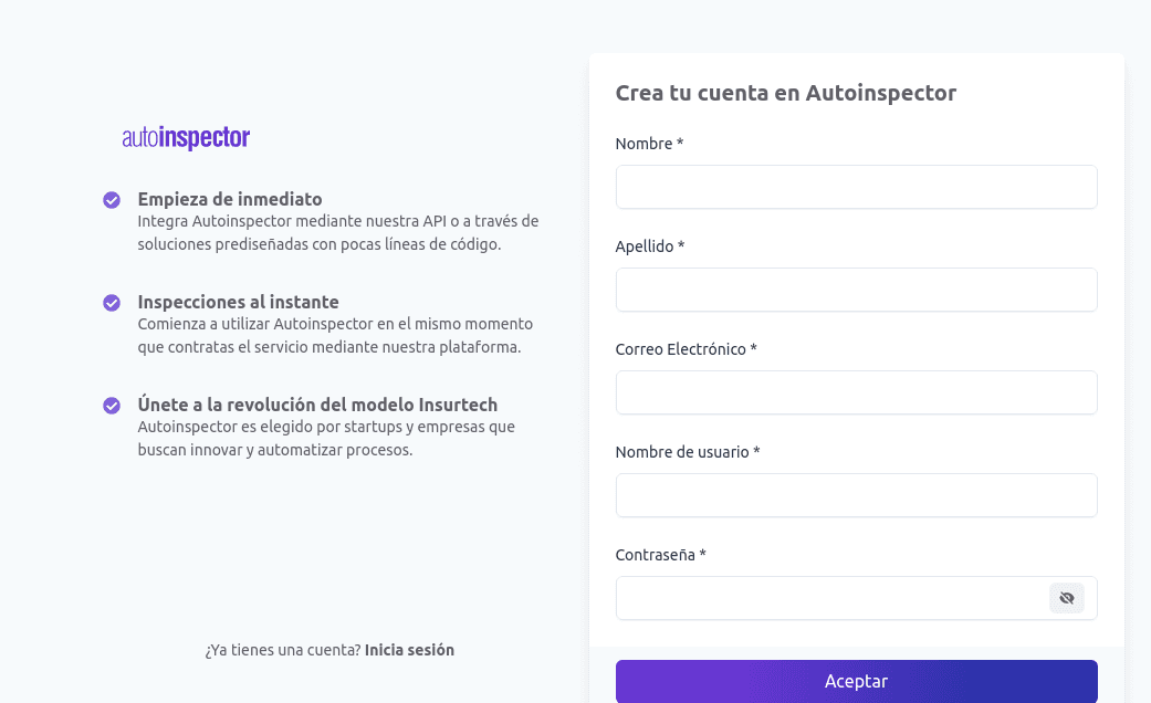 Pantalla de registro en Dashboard