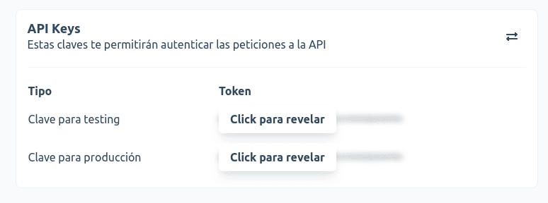 API keys de testing y producción