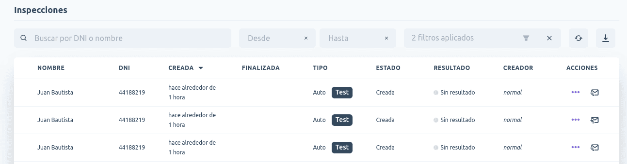 Etiqueta Test en la tabla de inspecciones