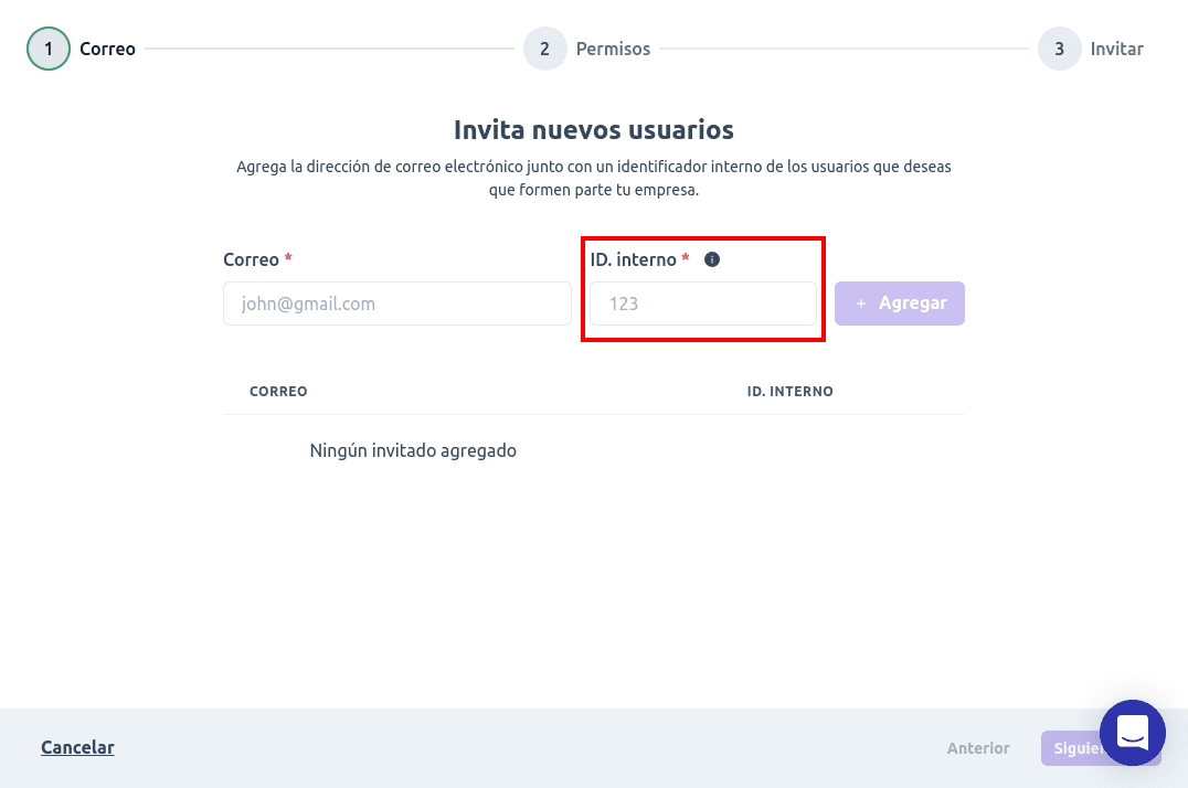 Primer paso del onboarding de invitación de usuarios
