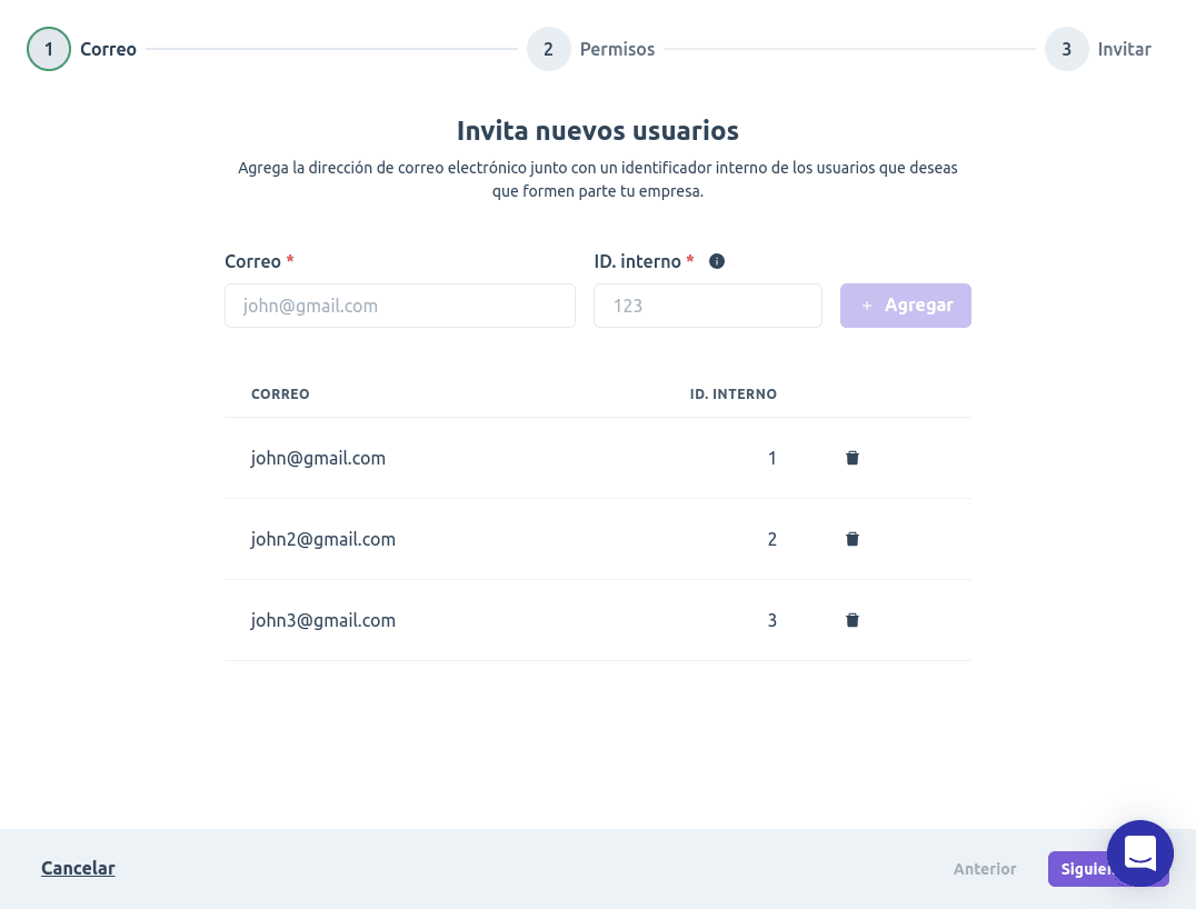 Invitación de usuarios con ID interno